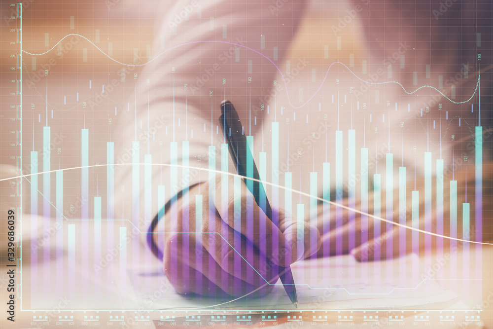 Financial trading chart multi exposure with man desktop background. Financial trading chart multi exposure with man desktop background.