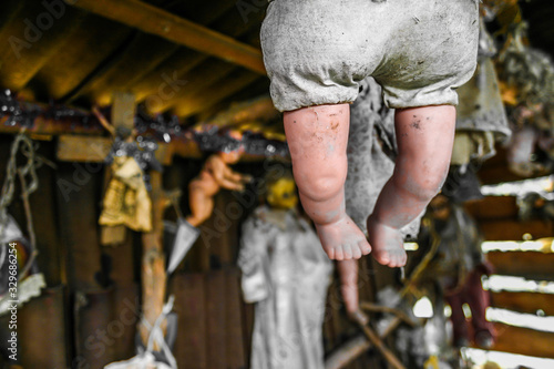 Creepy old dolls in the abandoned Island of the Dolls, Xochimilco, Mexico City