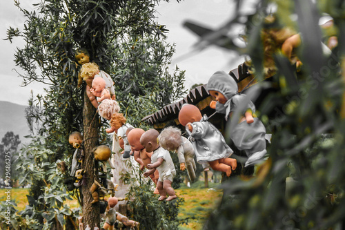 Creepy old dolls in the abandoned Island of the Dolls, Xochimilco, Mexico City