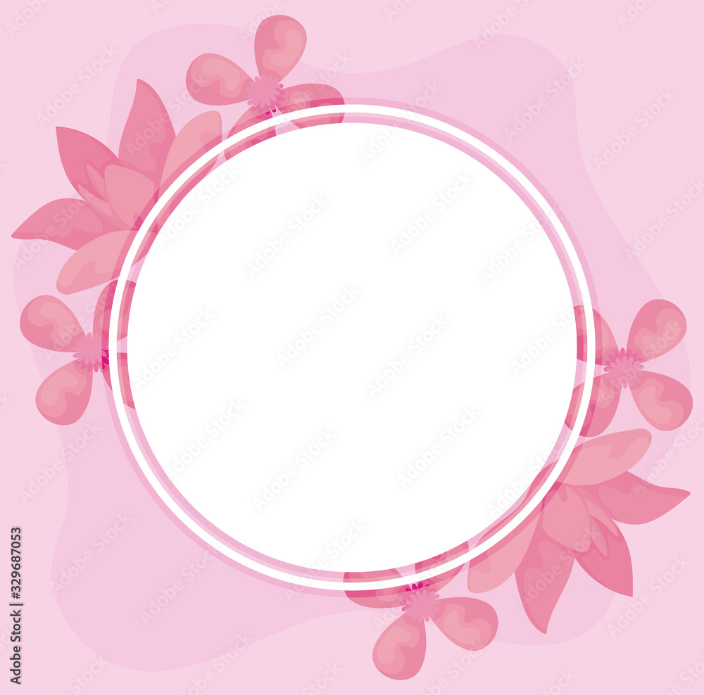 pink flowers and circular frame over pink background