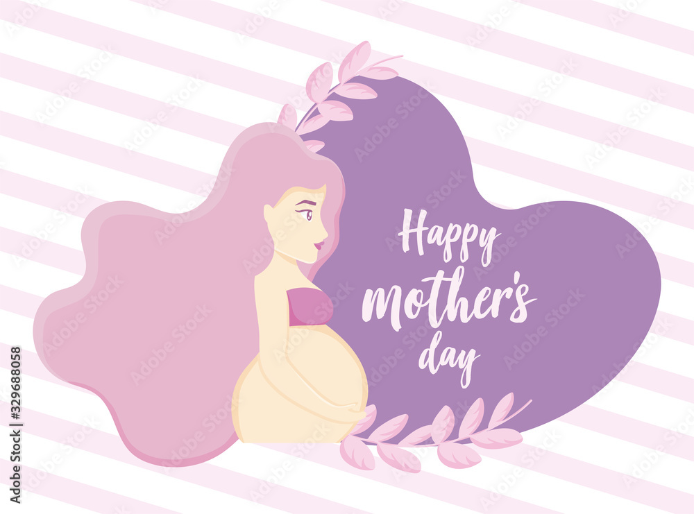 happy mothers day design with pregnant woman, heart and decorative leaves over pink and white striped background happy mothers day design with pregnant woman, heart and decorative leaves over pink and white striped background