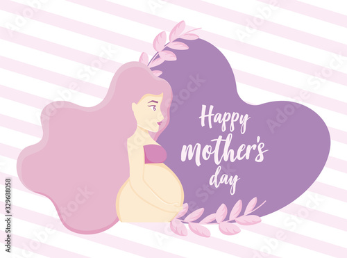 happy mothers day design with pregnant woman, heart and decorative leaves over pink and white striped background