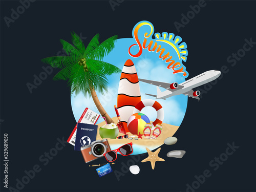 Summer season holiday on beach background, vector illustration.