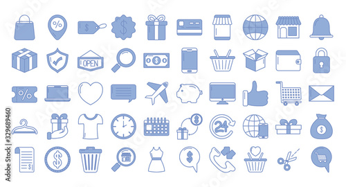 money and shopping icon collection, blue outline style