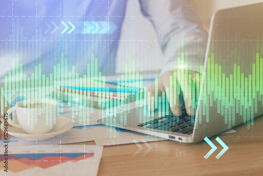 Forex graph with businessman working on computer in office on background. Concept of hardworking. Multi exposure. Forex graph with businessman working on computer in office on background. Concept of hardworking. Multi exposure.