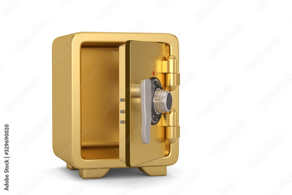 Golden safe box isolated on white background. 3D illustration. Golden safe box isolated on white background. 3D illustration.