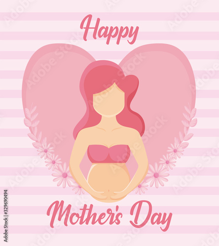 happy mothers day design with avatar pregnant woman over pink heart and pink striped background