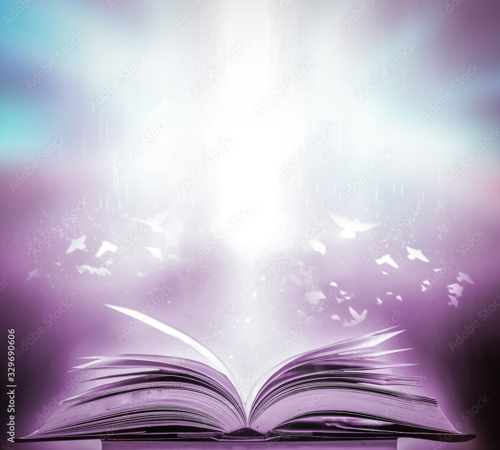 Imagine a picture book of an ancient book opened on a wooden table with a sparkling golden background. With magical power, magic, lightning around a glowing glowing book In the room of darkness