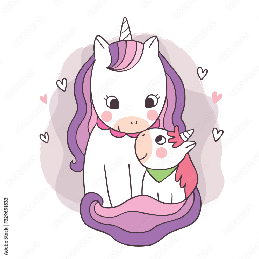 Cartoon cute adorable mother and baby unicorn kissing vector. Cartoon cute adorable mother and baby unicorn kissing vector.