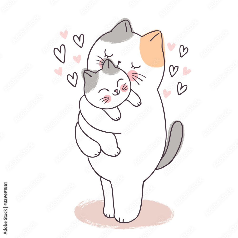 Cartoon cute adorable mother and baby cat kissing vector. Stock Vector ...