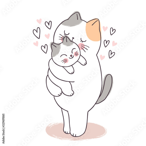 Cartoon cute adorable mother and baby cat kissing vector.