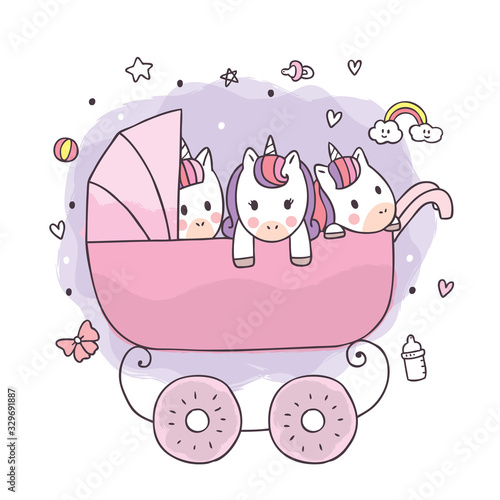 Cartoon cute adorable baby unicorns in stroller vector.