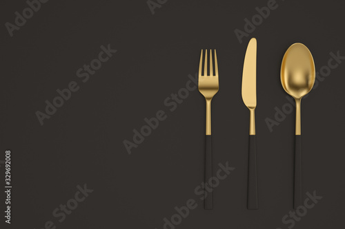 Luxury tableware Golden Set of knife fork and spoon on black background. 3D illustration.