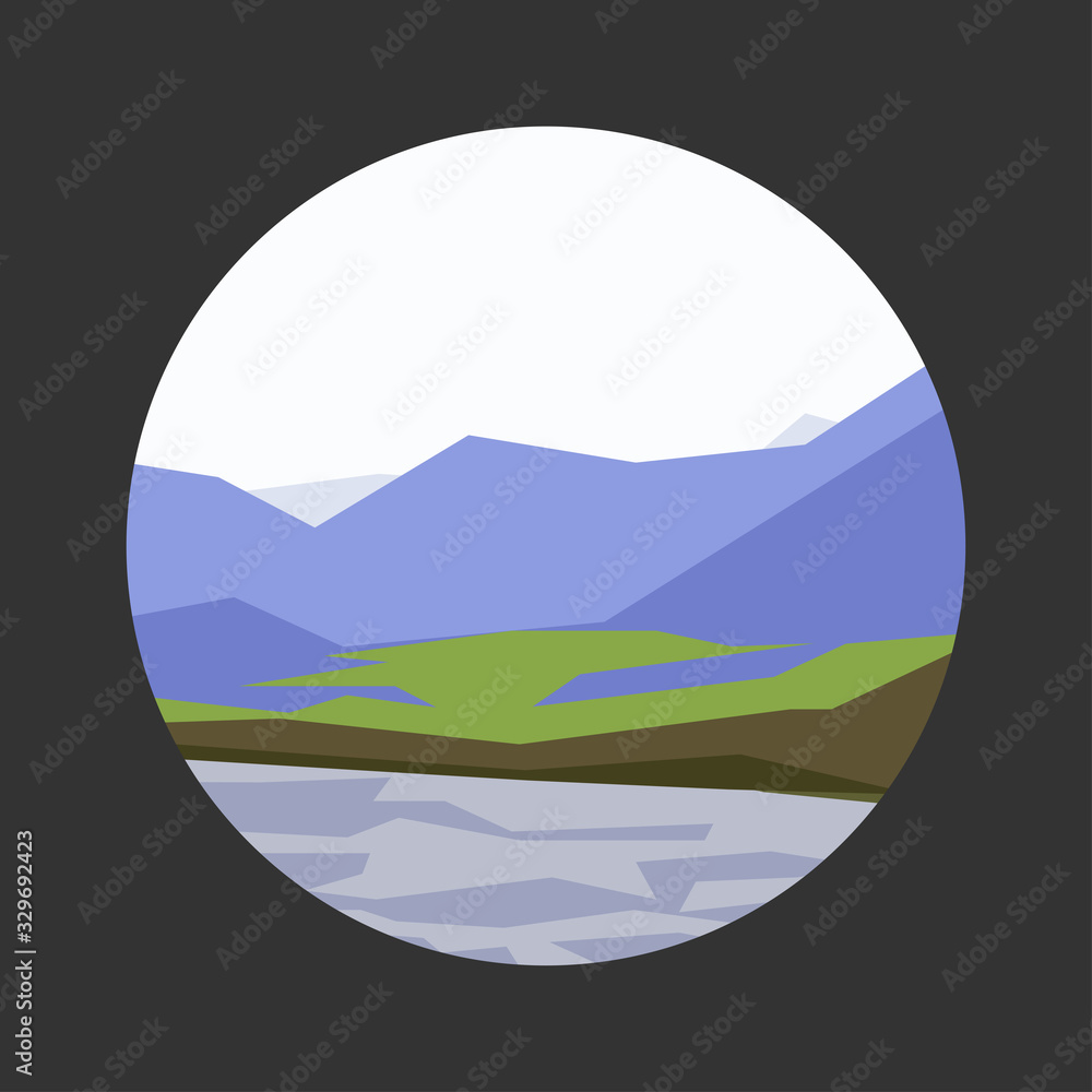 Mountains, forests and lakes in geometric stylisation.