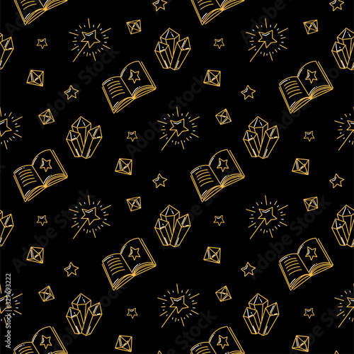 Amethyst, stars and moon pagan symbol and spell book seamless pattern. Repetitive background with precious stones, spells and wicca symbols.