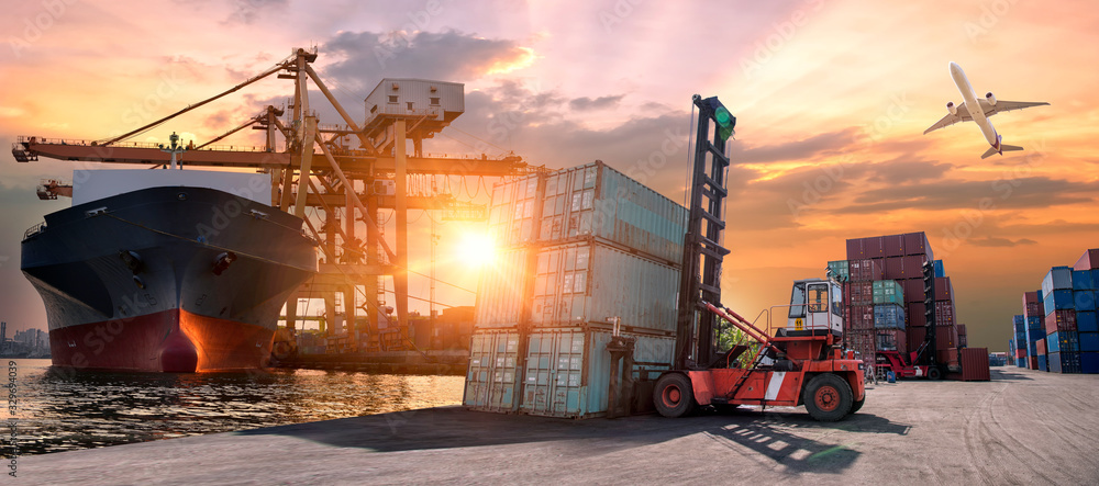 Industrial Container Cargo freight ship, forklift handling container ...