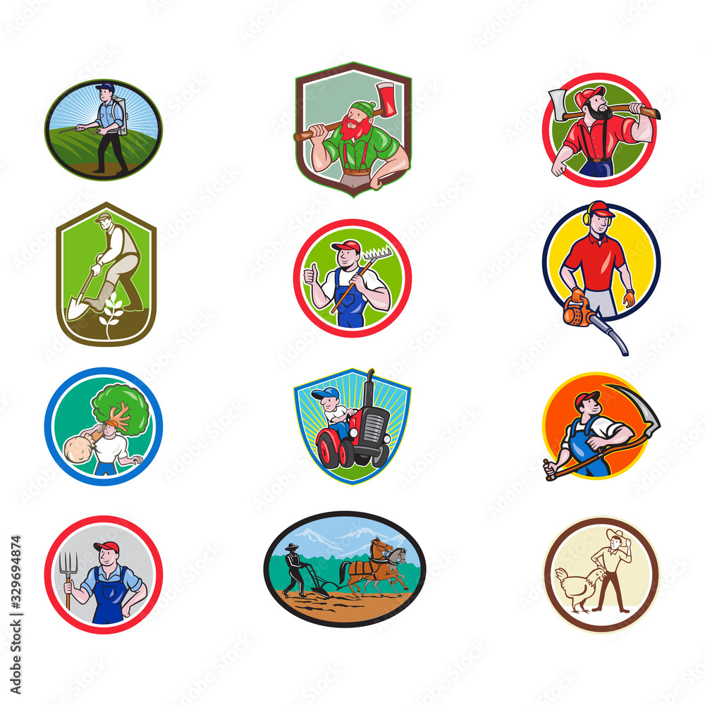 Set or collection of cartoon character mascot style illustration of farmer, gardener, agriculturist, horticulturist, landscaper, lumberjack set in circle or crest on isolated white background.