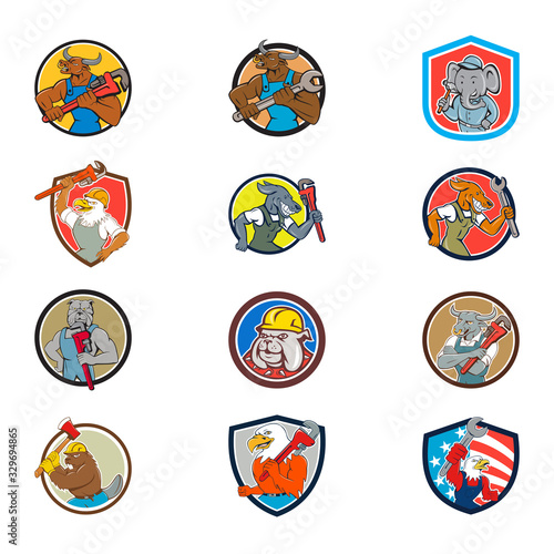 Set collection of cartoon character mascot illustration of animal tradesman industrial workers like bull, elephant, american eagle, dog, bulldog, cow, beaver, bird set in circle crest on isolated.