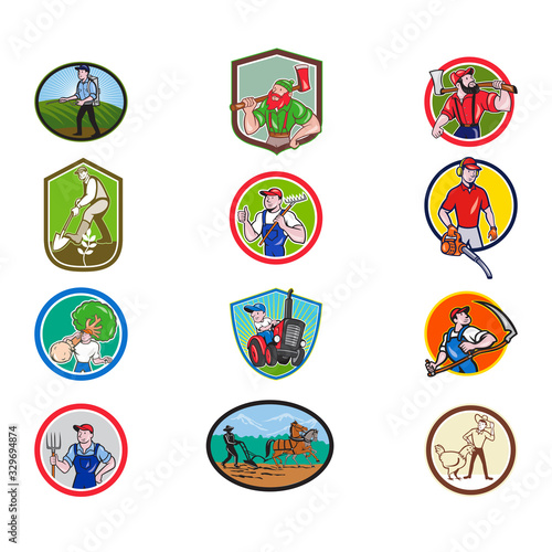 Set or collection of cartoon character mascot style illustration of farmer, gardener, agriculturist, horticulturist, landscaper, lumberjack set in circle or crest on isolated white background.