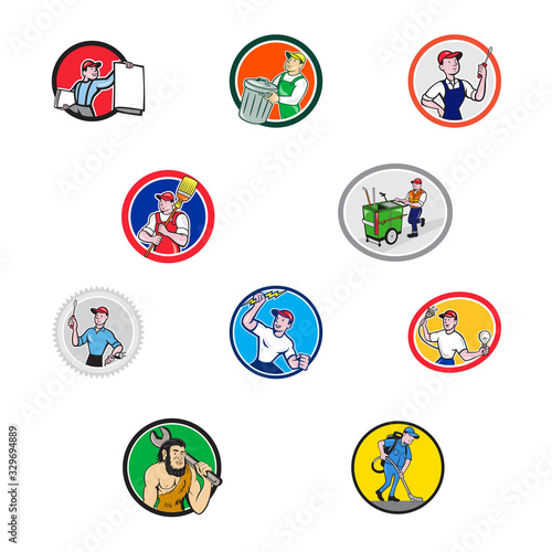 Set or collection of cartoon character mascot style illustration of tradesman, industrial worker like garbage collector, mechanic, electrician, cleaner, mechanic set in circle on isolated background.