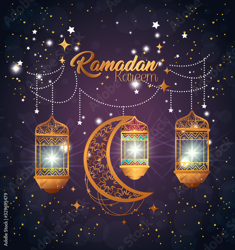 ramadan kareem poster with lanterns and moon hanging vector illustration design