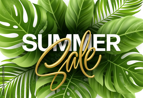 Golden metallic summer sale lettering on a bright background from green tropical leaves of plants. Vector illustration