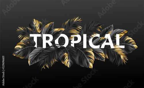 Tropical lettering on a black background from golden tropical leaves of plants. Vector illustration