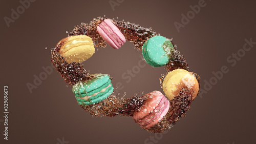 A Ring of Coffee with Macarons Splashing Through