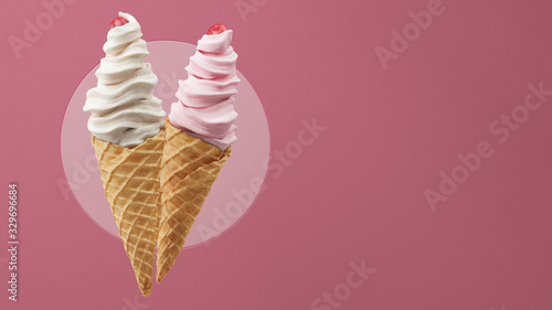 Strawberry and Vanilla Ice Cream in Waffle Cones