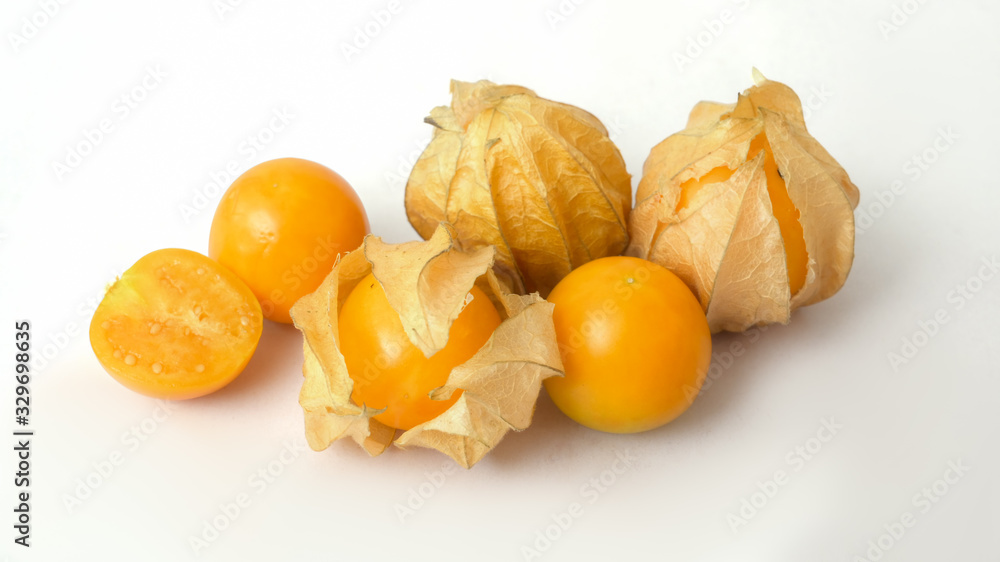 Close up view of Cape Gooseberries isolated on white background Close up view of Cape Gooseberries isolated on white background
