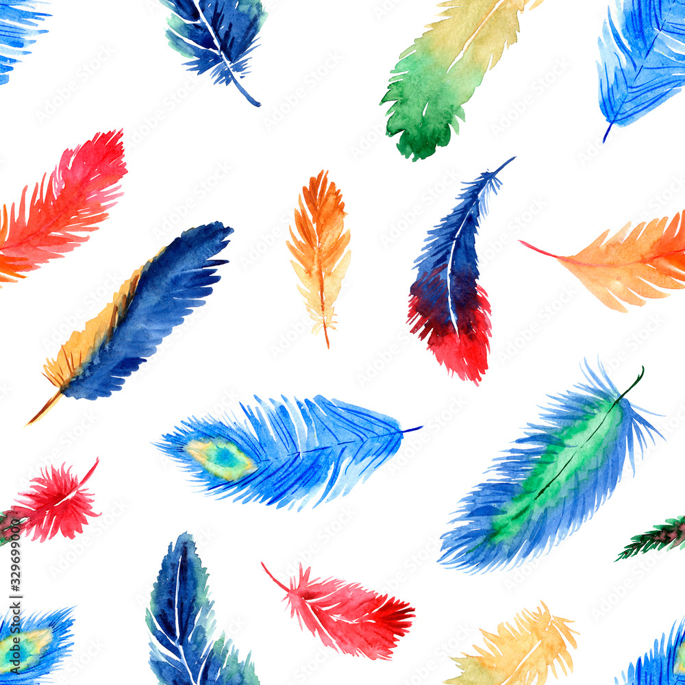 Watercolor summer seamless pattern with bright tropical feathers on white background Watercolor summer seamless pattern with bright tropical feathers on white background