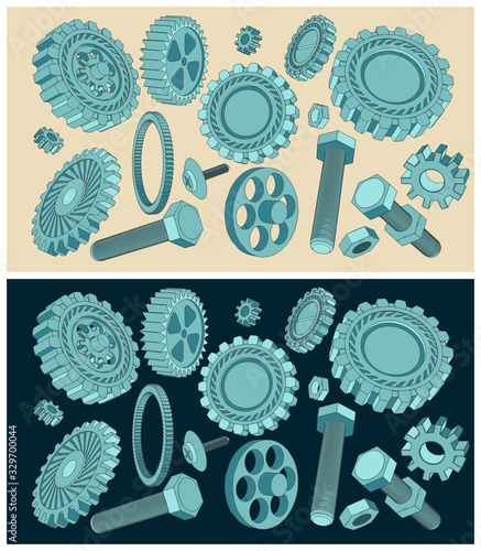 Set of retro sketches of various gears