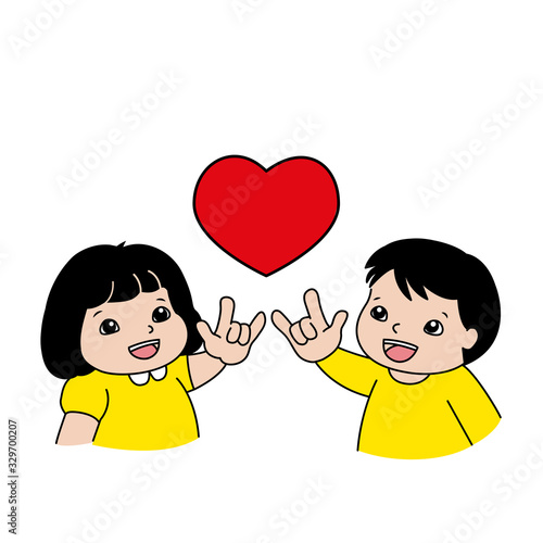 International Day of Sign Languages. boy and girl show their hand, the sign hand language "love". Deaf English basic words in cartoon art isolated on white background. vector