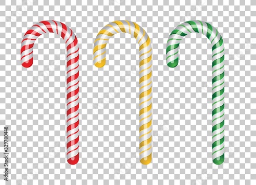Red,yellow and green candy canes on transparent background, vector illustration.