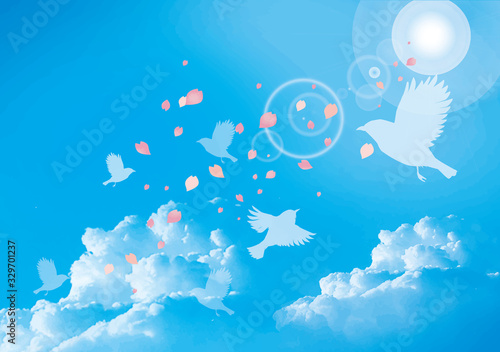 青空：空　快晴　晴天　晴れ　太陽　青空　雲　入道雲　花びら　桜　桜の花