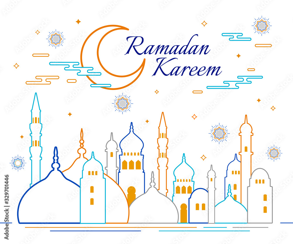Linear art of Arabic geometric art. Islamic mosque and crescent moon. Ramadan Kareem - Glorious month of Muslim year.