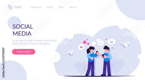 Social media concept. People get messages online or in messengers. Modern way of communication and communication. Landing web page template.