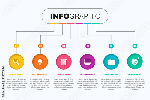 Colourful business chart infographic with 6 options and place for text on white background
