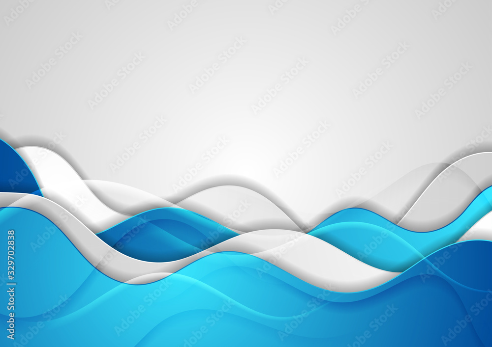 Obraz premium Blue and grey abstract glossy waves corporate background. Futuristic wavy vector design
