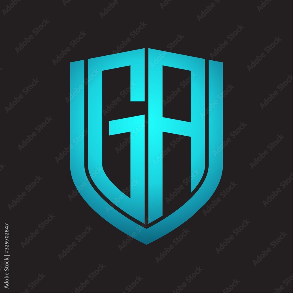 GA Logo monogram with emblem shield design isolated with blue colors on black background GA Logo monogram with emblem shield design isolated with blue colors on black background