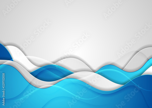 Blue and grey abstract glossy waves corporate background. Futuristic wavy vector design