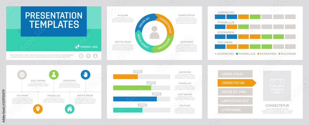 Set of blue and turquoise, green, orange elements for multipurpose presentation template slides with graphs and charts.