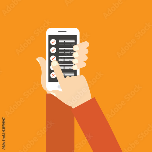 Checklist on smartphone screen. Online survey concept. Hand holds mobile phone and check list with checkboxes and checkmark