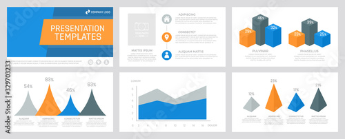 Set of blue, gray and orange elements for multipurpose presentation template slides with graphs and charts.