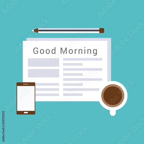 Modern morning. Newspaper, pencil and coffee. icon news. Morning business elements