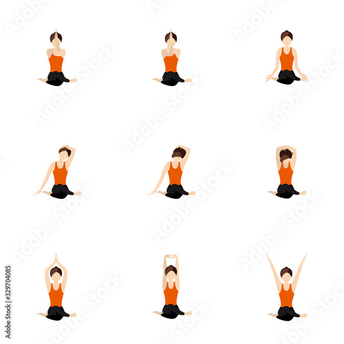 Cow face pose with different arms asanas yoga set/ Illustration stylized woman practicing legs gomukhasana