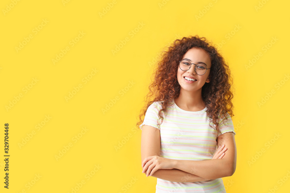 Happy woman with healthy teeth on color background Happy woman with healthy teeth on color background