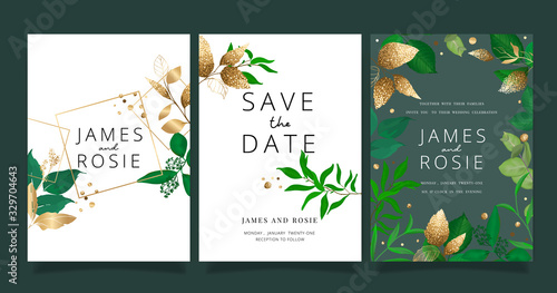 Tropical Emerald green Luxury Wedding Invitation, floral invite thank you, rsvp modern card Design in summer pink leaf and greenery branches decorative Vector elegant rustic template