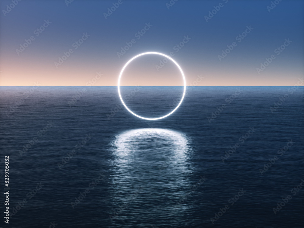 Naklejka Geometric neon light portal on the sea. 3d rendering - illustration.