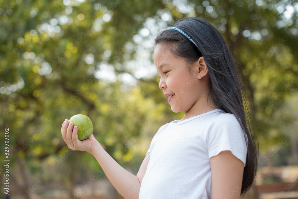 photo happy Little asian girl child standing with big smile. holding green apple in your hand.fresh healthy green bio background with abstract blurred foliage and bright summer sunlight photo happy Little asian girl child standing with big smile. holding green apple in your hand.fresh healthy green bio background with abstract blurred foliage and bright summer sunlight